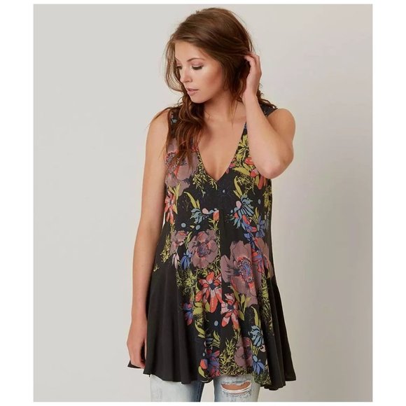 097 FREE PEOPLE Back Yard Party Printed Tunic Mini Dress Black Floral sz S - Picture 7 of 12